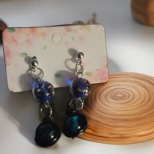 HandcraftedBlack Wired Wrapped Dark Turq Blue Glitter Goth Glass Beaded Earrings